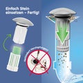 Diagramm eines Waschbeckenstöpsels mit Reinigungsstein zur Vermeidung von Verstopfungen. Darstellung von Montage und Wasserfluss im Abflussrohr.