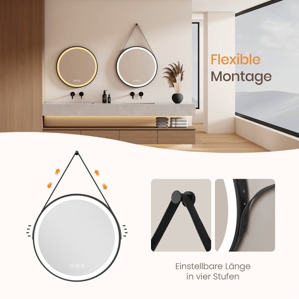Badezimmer mit runden Spiegeln mit LED-Beleuchtung und verstellbarer Aufhängung