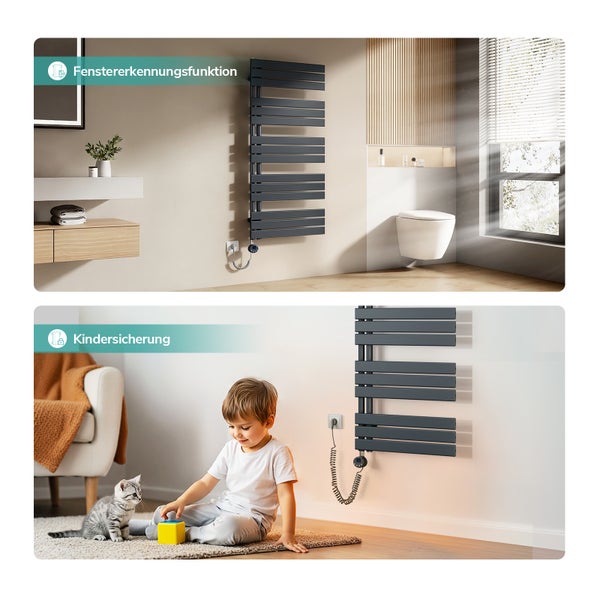 Bilder zeigen einen elektrischen Handtuchwärmer in zwei verschiedenen Umgebungen. Das erste Bild zeigt den Handtuchwärmer in einem Badezimmer mit Fenstererkennungsfunktion. Das zweite Bild zeigt den Handtuchwärmer im Wohnzimmer mit Kindersicherung.