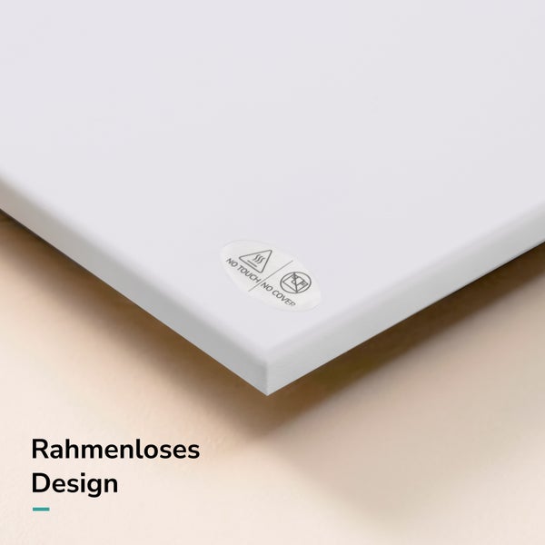 Infrarotheizung mit rahmenlosem Design und Sicherheitshinweisen für die Wandmontage.