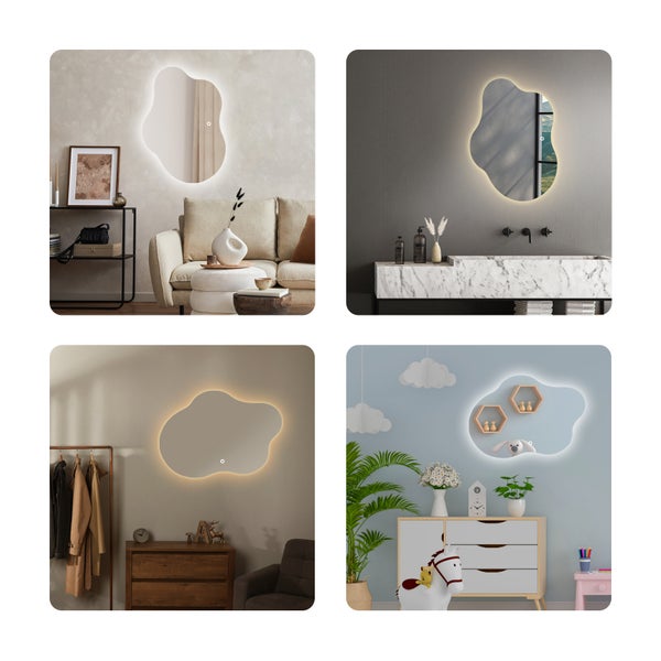 Collage verschiedener Räume mit einem unregelmäßig geformten Spiegel mit Beleuchtung