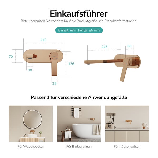 Produktinformationen zur Armatur mit Maßangaben und Anwendungsbeispielen für Waschbecken, Badewannen und Küchenspülen