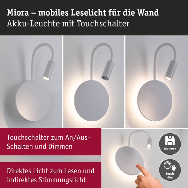 Miora mobile Wand-Leseleuchte mit Akku und Touchschalter