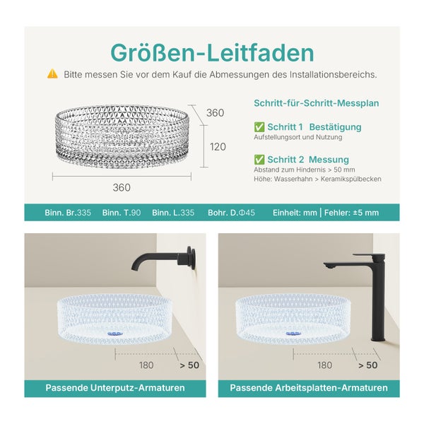 EMKE Waschbecken Ø36 cm, Kristallglas Transparent, elektroplattiertes Design, Höhe 112 mm, ohne Hahnloch, für Badezimmer