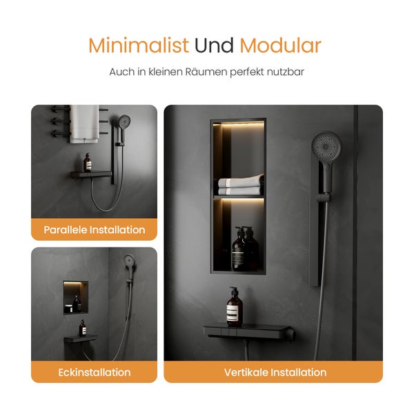 EMKE Duschsystem 601x395x135 mm mit Handbrause, Ablagearmatur, Höhenverstellung und 3 Strahlarten, mit Neoperl-Perlator & integriertem Filter, für Badezimmer, Matt Anthrazit
