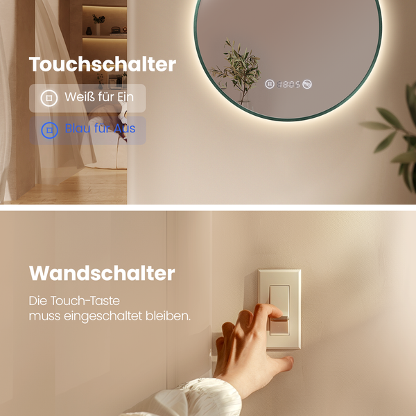 EMKE Badspiegel mit Beleuchtung, runder LED-Spiegel mit Touchschalter und Uhr, Badspiegel mit grünen Rahmen, ф80cm, Neutralweiß