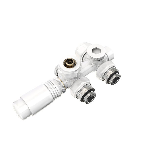 EMKE Multiblock-Anschlussset für Heizkörper und Badheizungen – Thermostatregler, φ16xG1/2, Weiß, als Eck- oder Durchgangsvariante verwendbar