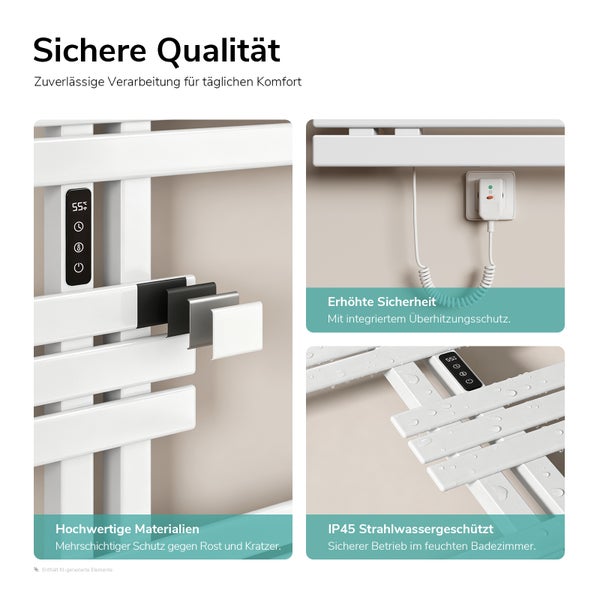 Elektrischer Badheizkörper mit digitalem Thermostat, Überhitzungsschutz, mehrschichtiger Schutzbeschichtung und IP45 Strahlwasserschutz.