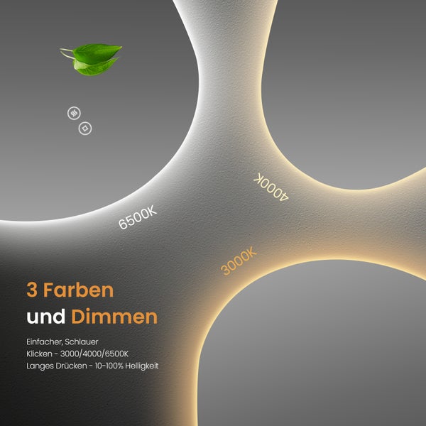 EMKE LED Badspiegel 70x50 cm, asymmetrisches Design, 3 dimmbare Lichtfarben & Helligkeit einstellbar, beschlagfrei, Memory-Funktion, horizontal & vertikal montierbar, IP44, für Bad