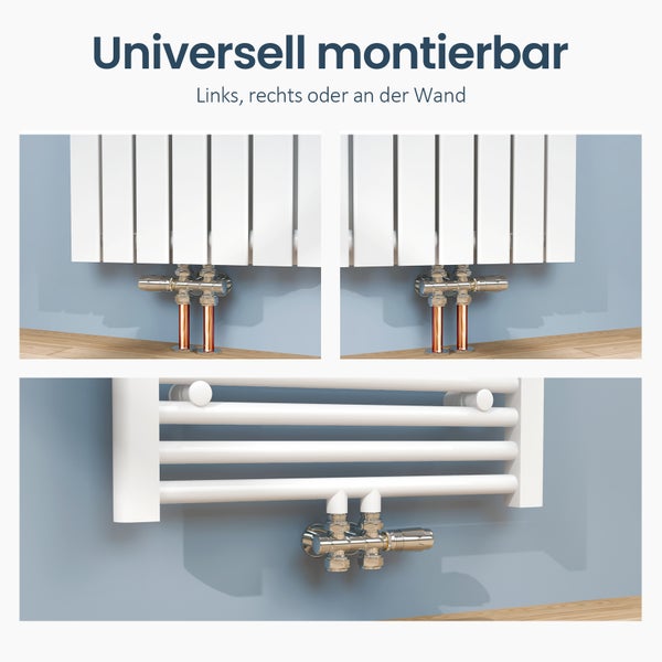 Universell montierbarer Heizkörperanschluss für die Montage links, rechts oder an der Wand an Flachheizkörpern und Badheizkörpern.