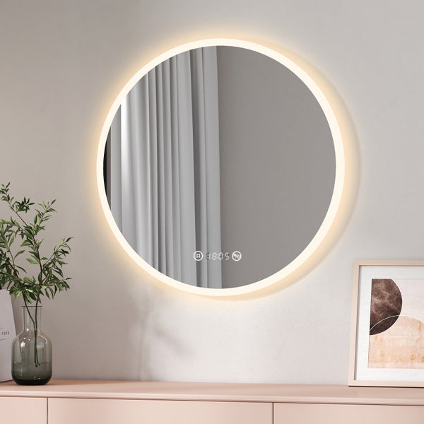 EMKE LED Badspiegel Ø70 cm, 4300K Neutralweiß, Antibeschlag, Touchschalter, dimmbar, Uhranzeige, mattierte Spiegelkante, IP44, horizontal montierbar, für Badezimmer