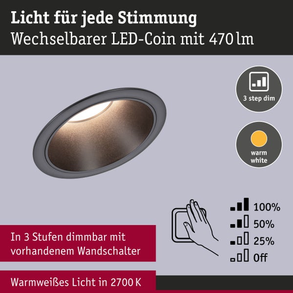 Set LED Einbauleuchte Cole Coin 6er-Set IP44 88mm Coin 6x6W 6x470lm 230V dimmbar 2700K Schwarz matt