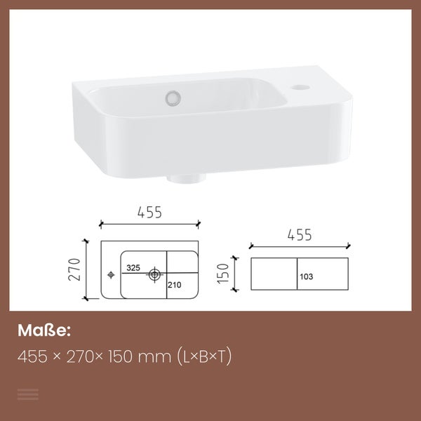 EMKE Hängewaschbecken 450 x 265 mm, Eckiges Keramik Waschbecken, mit Hahnloch links, glänzend Weiß, Höhe 156 mm, pflegeleicht, für Badezimmer