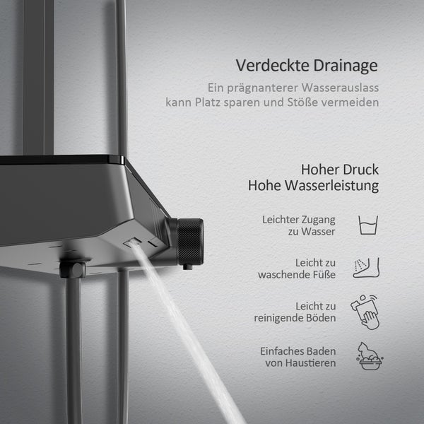 EMKE Duschsystem mit Thermostat, Duscharmatur Komplettset, 36 cm eckige Regendusche, 3 Wasserauslässe, Handbrause mit 3 Strahlarten, KTW-zertifiziert, 71 cm Ablagearmatur, 1,5 m Brauseschlauch, Matt Schwarz