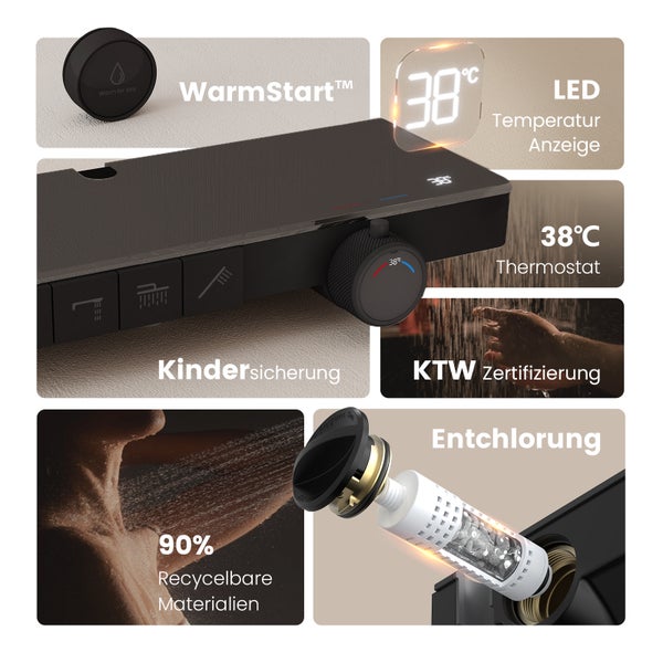 EMKE Duschsystem 3 in 1 Regendusche Set mit Kopfbrause, Handbrause und Wasserhahn, Modernes Duscharmatur Set für Badezimmer，Schwarz