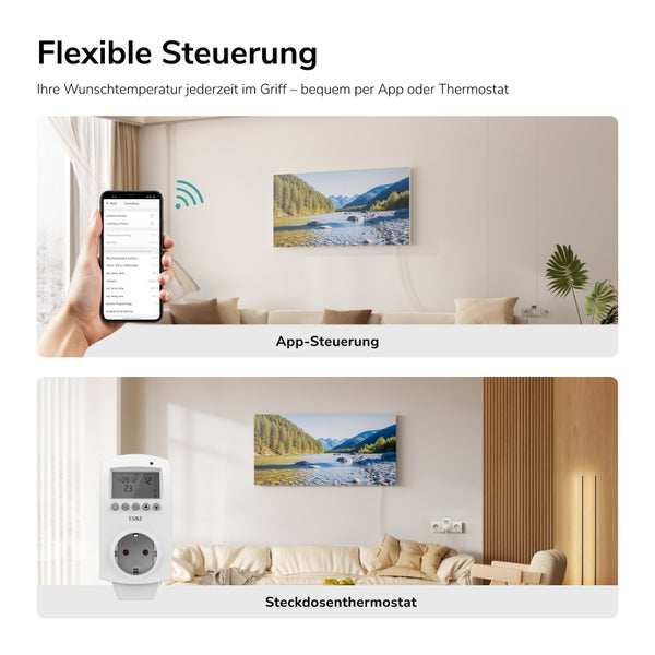 Flexible Steuerung eines Infrarotheizkörpers mit Bildmotiv per App oder Steckdosenthermostat in einem modernen Wohnzimmer.
