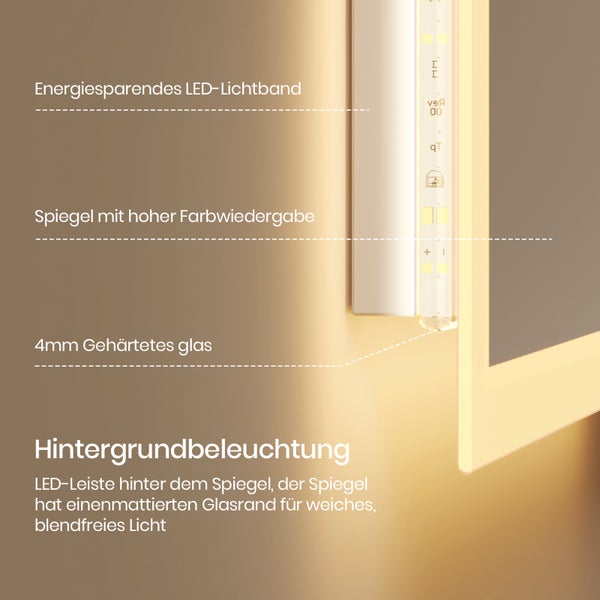 EMKE Badspiegel mit Beleuchtung 50x70 cm, Warmweiß, 20,5 W, 4 mm rostfreier Spiegel, Aluminiumrahmen Weiß, flexibel montierbar, IP44, für Bad