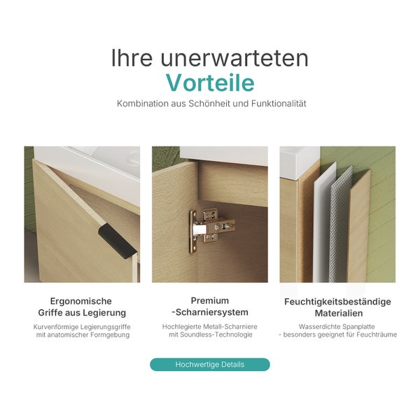 Produktvorteile: ergonomische Griffe, Premium Scharniersystem, feuchtigkeitsbeständige Materialien