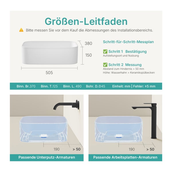 Größeninformationen für ein Waschbecken mit zugehörigen Armaturenempfehlungen