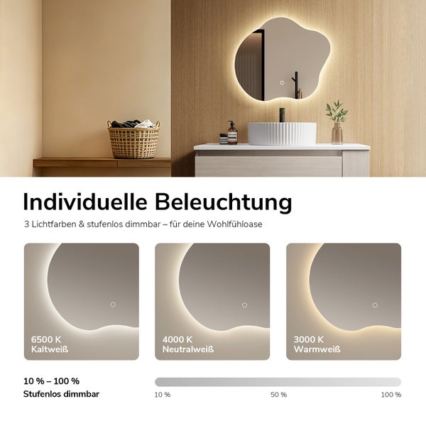 Organisch geformter LED Badspiegel mit indirekter Beleuchtung, drei einstellbaren Lichtfarben von 3000 bis 6500 Kelvin und stufenloser Dimmfunktion.