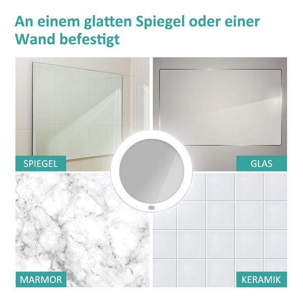 EMKE Kosmetikspiegel Ø16,5 cm, Weiß, 5-fach Vergrößerung, Beleuchtung mit Knopfschalter, Batteriebetrieben, mit magnetischer Rückseite, tragbar