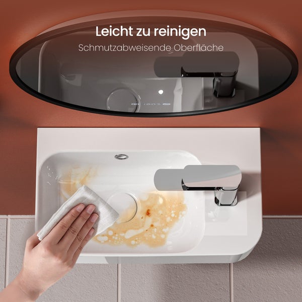 EMKE Hängewaschbecken 450 x 265 mm, Eckiges Keramik Waschbecken, mit Hahnloch rechts, glänzend Weiß, Höhe 156 mm, pflegeleicht, für Badezimmer