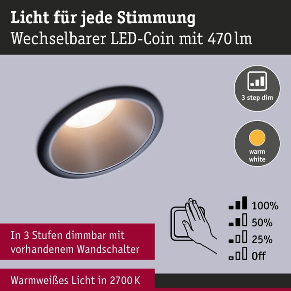 LED Einbauleuchte 3-Step-Dim Cole Coin 6er-Set IP44 rund 88mm Coin 6x6W 6x470lm 230V dimmbar 2700K Schwarz, Silber matt