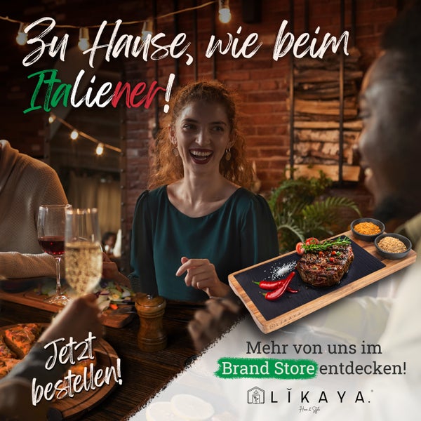 LIKAYA® Pizzabrett/Pizzateller 2er-Set rund ⌀35cm – FSC-Akazienholz mit Pizzaschneider | Perfekt für Pizza, Kuchen, Brotzeit & Käseplatte