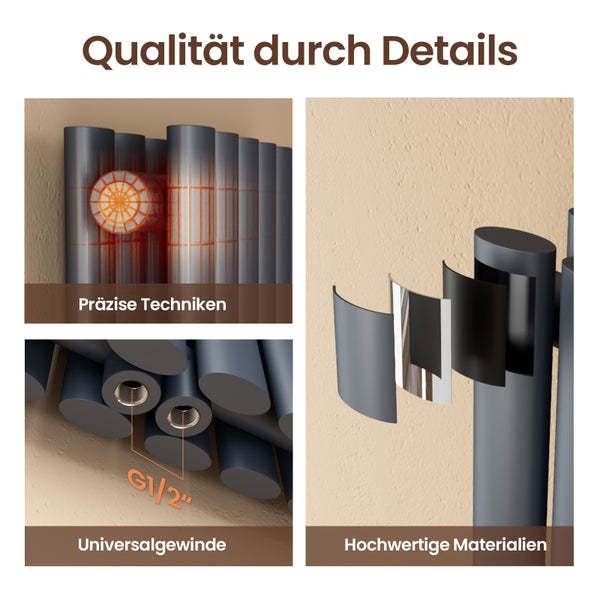 EMKE Design-Röhrenheizkörper für Warmwasserbetrieb,  Seitenanschluss, Horizontal,  Doppellagig,  1828Watt, 120 cm x 60 cm, Anthrazit