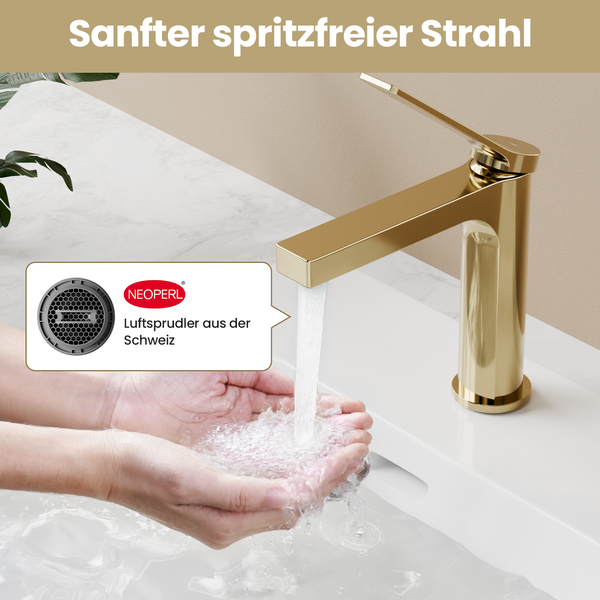 EMKE Einhebel-Waschtischarmatur, Badarmaturen, Schweizer Design, G3/8， Wassersparend, Bleifreies Messing, Korrosionsschutz, Pflegeleicht, Champagnergold