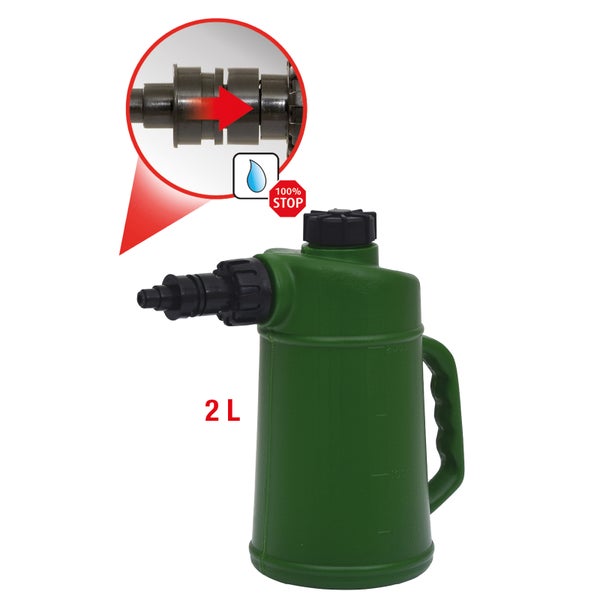 Drucksprüher mit 2 Liter Fassungsvermögen und integriertem Wasserstopp System für Gartenbewässerung.