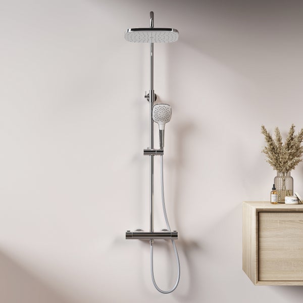 EMKE Duschsystem mit Thermostat, 2 Auslassarten, Regendusche und Handbrause mit 3 Strahlarten, Chrom, 30 cm Armatur, 1,5 m Schlauch, KTW, Höhe: 120 cm