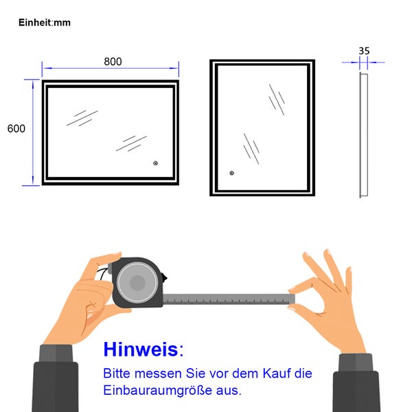 EMKE Badspiegel mit Beleuchtung 80 x 60 cm, Ledspiegel mit Touchschalter, Kaltweiß