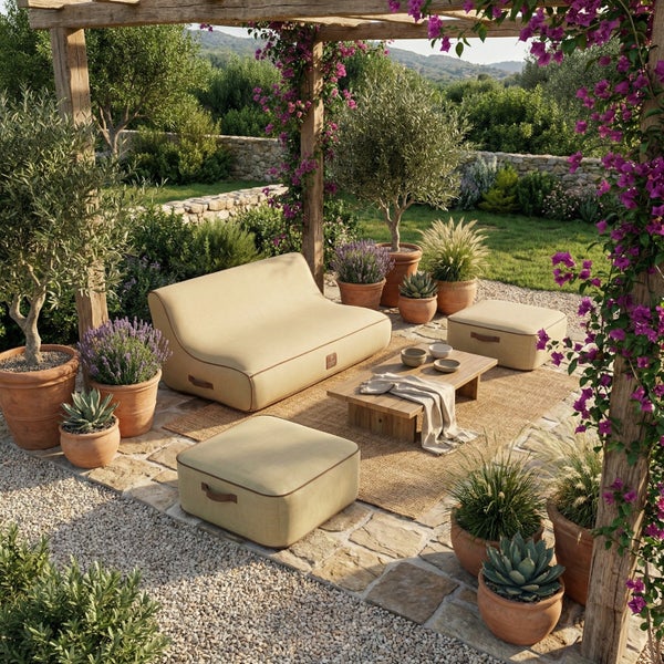 Heller Außen-Loungebereich unter einer Holzpergola mit beigem Sofa, zwei passenden Sitzpuffs, Holztisch und Pflanzen in Terrakottatöpfen.