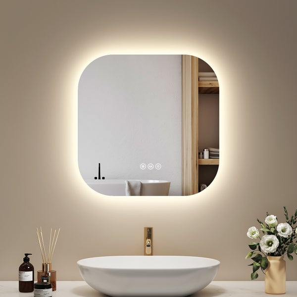EMKE LED Badspiegel 50 x 50 cm, rahmenloses Design, 3 Farbtemperaturen & Helligkeit einstellbar, mit Memory-Funktion, horizontal montierbar, IP44, für Bad