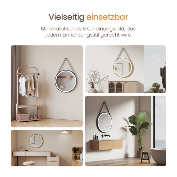 EMKE Badspiegel mit Beleuchtung ф60cm, LED-Spiegel mit Touchschalter, Anti-Beschlag, 3 dimmbare Lichtfarben