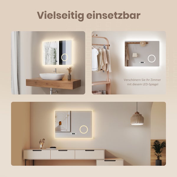 Rechteckiger LED-Spiegel mit Hintergrundbeleuchtung, integriertem Kosmetikspiegel und digitaler Uhr in verschiedenen Wohnraumszenarien.