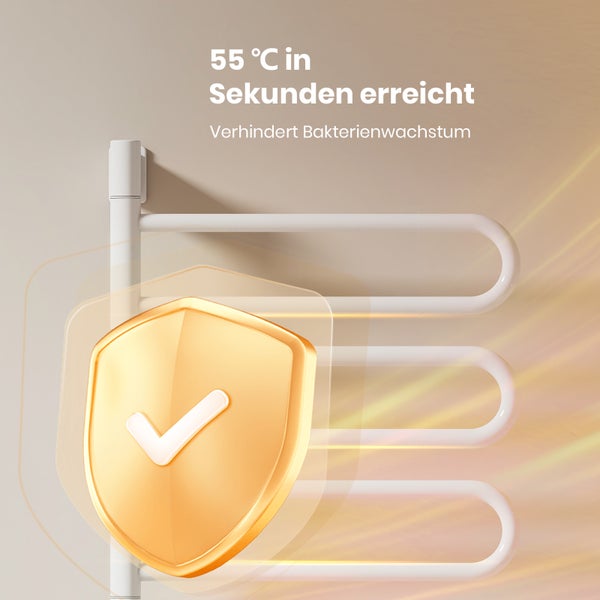 Symbol für verhindertes Bakterienwachstum und schnelles Erreichen von 55 Grad Celsius auf einem Handtuchwärmer