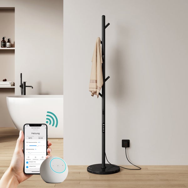 Ein elektrischer Handtuchhalter als Standmodell mit App Steuerung in einem modern gestalteten Badezimmer.