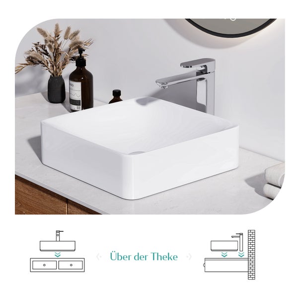 EMKE Aufsatzwaschbecken Keramik 405 × 405 mm, Quadratisch, glänzend Weiß, ohne Hahnloch, R-Ecken-Design, Höhe 120 mm, modernes Waschbecken für Badezimmer