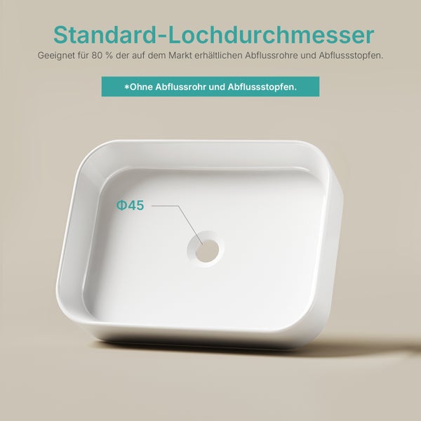 Weißes Aufsatzwaschbecken mit Standardlochdurchmesser für Abflussrohre