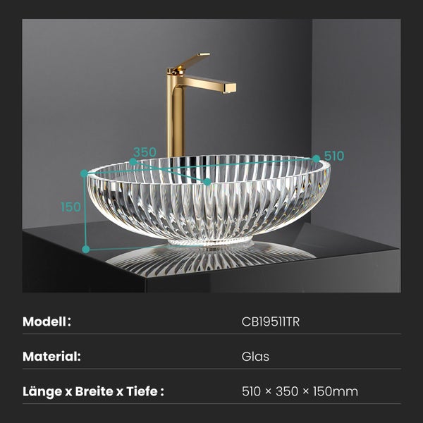 EMKE Aufsatzwaschbecken Tempered Lead Crystal Glass, 51 x 35 cm, Transparent, Badezimmer Waschbecken mit Elektroplattiertem Design, Ohne Hahnloch, Für Badezimmer und WC, Höhe 15 cm