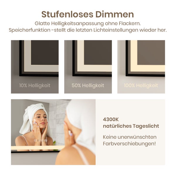 EMKE LED Badspiegel mit Beleuchtung 1200×700 mm, Mattierter Spiegelrand, 4300K Neutrallicht, Antibeschlag & Uhr, Schwarzer Rahmen, für Badezimmer geeignet