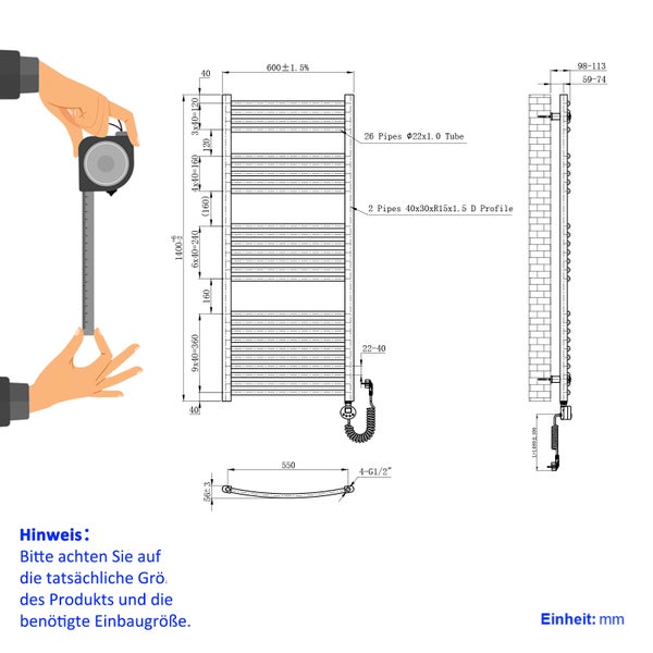 EMKE Elektrischer Badheizkörper Gebogen Badheizkörper Elektrisch mit Thermostat, Handtuchtrockner mit Heizstab,Weiß,140x60cm,665W