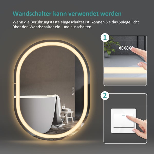 EMKE Spiegel Oval Badspiegel mit Beleuchtung Badezimmerspiegel, 80x60cm, Touch+3 Lichtfarbe+Beschlagfrei