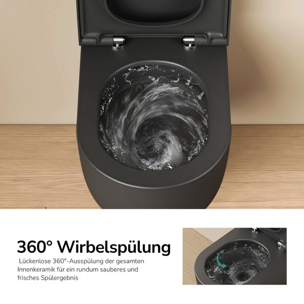 Wandhängende Toilette mit 360 Grad Wirbelspülung für eine lückenlose Reinigung der Innenkeramik.
