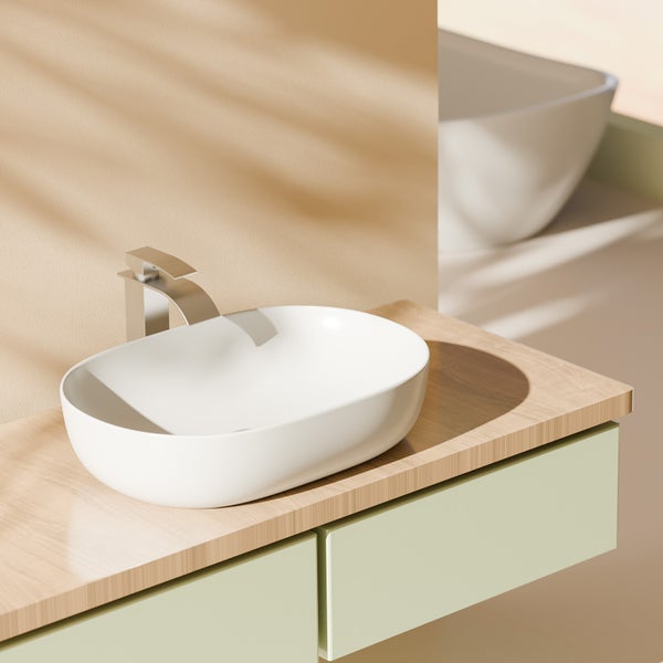 EMKE Aufsatzwaschbecken, Ovales Waschbecken 600 x 415 mm, Glänzend Weiß, Keramik, Ohne Hahnloch, Pflegeleicht, Antibakteriell & Feuchtigkeitsbeständig, Für Bad & WC, Höhe 146 mm