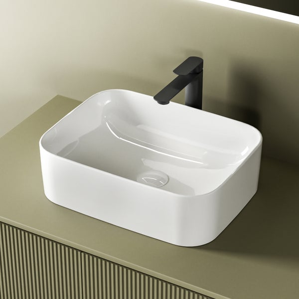 EMKE Aufsatzwaschbecken Keramik 505x380 mm, Glanzweiß, Eckig, Pflegeleicht, Design Waschtisch, Handwaschbecken für Bad & Gäste-WC, Höhe 150 mm