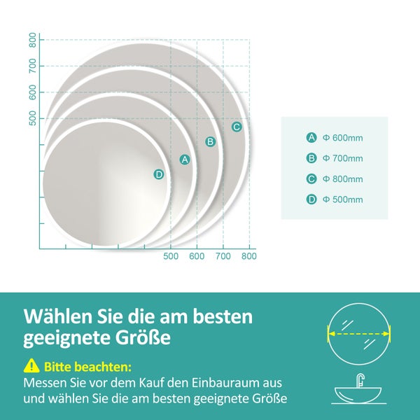 EMKE LED Badspiegel Ø60 cm, 4300K Neutralweiß, Antibeschlag, Touchschalter, dimmbar, Uhranzeige, mattierte Spiegelkante, IP44, horizontal montierbar, für Badezimmer