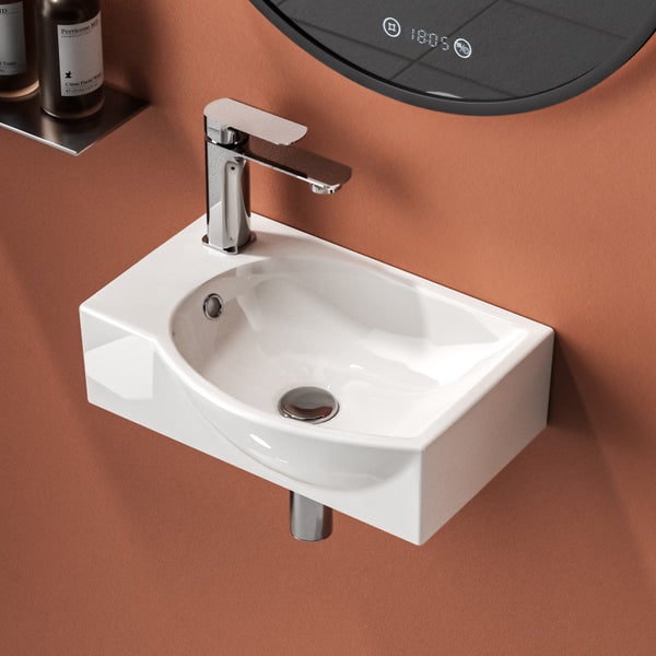 EMKE Handwaschbecken 405 x 280 mm, asymmetrisch, Keramik, mit Hahnloch links, glänzend weiß, kompaktes Hängewaschbecken für Gäste-WC, Höhe 140 mm, zur Wandmontage